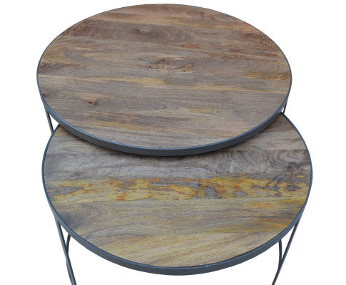 Nolana 2pc Mango Wood and Metal Round Nesting 80cm Coffee Table Set - Natural