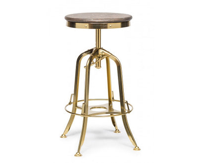 Industrial Height Adjustable Swivel Bar Stool with Oak Wood Top - Gold Finish