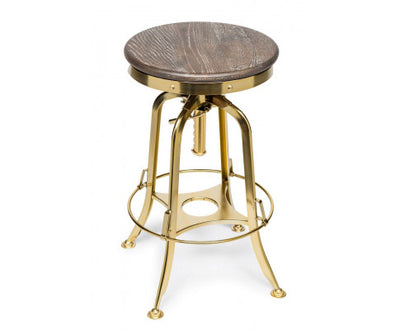 Industrial Height Adjustable Swivel Bar Stool with Oak Wood Top - Gold Finish