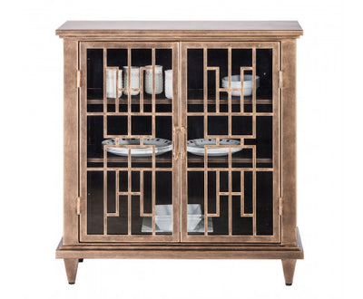 Iron Glass Buffet Sideboard Cabinet with 3 Level Storage in Brass Finish