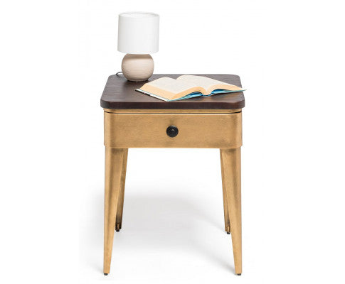 Modern Bedside Table in Brass Finish with Storage Drawer and Wood Top