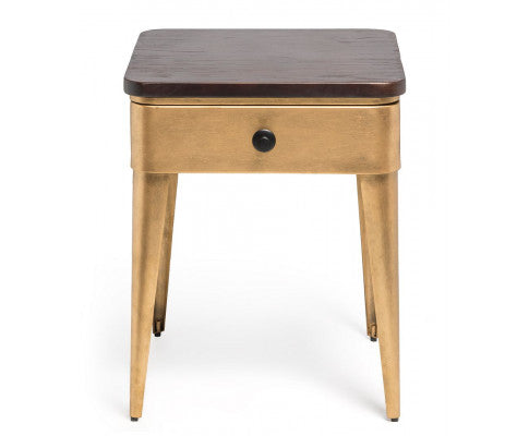 Modern Bedside Table in Brass Finish with Storage Drawer and Wood Top