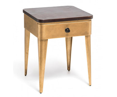 Modern Bedside Table in Brass Finish with Storage Drawer and Wood Top