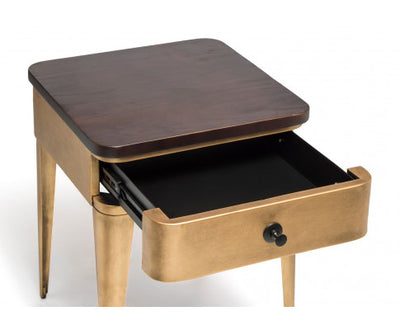 Modern Bedside Table in Brass Finish with Storage Drawer and Wood Top