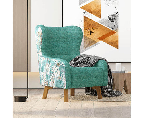 Armchair High back Lounge Accent Chair Designer Printed Fabric with Wooden Leg