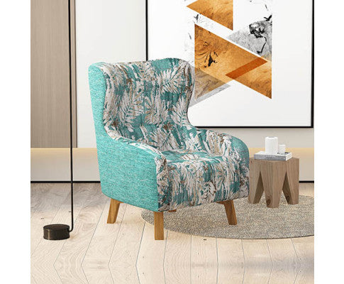 Armchair High back Lounge Accent Chair Designer Printed Fabric Upholstery with Wooden Leg