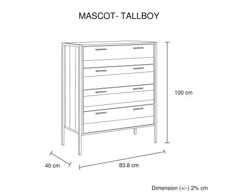 4 Pieces Bedroom Suite with Particle Board Contraction and Metal Legs Queen Size Oak Colour Bed, Bedside Table & Tallboy