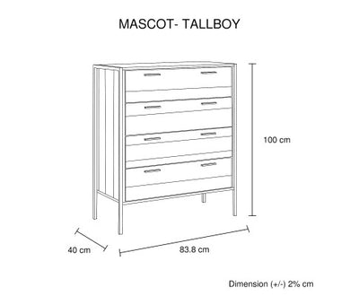 4 Pieces Bedroom Suite with Particle Board Contraction and Metal Legs Queen Size Oak Colour Bed, Bedside Table & Tallboy