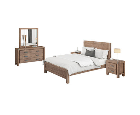 4 Pieces Bedroom Suite in Solid Wood Veneered Acacia Construction Timber Slat Queen Size Oak Colour Bed, Bedside Table & Dresser