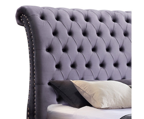 Queen Size Sleigh Bedframe Velvet Upholstery Grey Colour Tufted Headboard And Footboard Deep Quilting