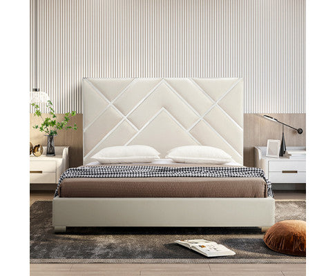 Matrix Bed Frame Fabric Padded Upholstery High Quality Slats Polished Stainless Steel Feet