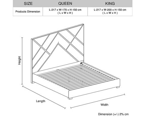 Matrix Bed Frame Fabric Padded Upholstery High Quality Slats Polished Stainless Steel Feet