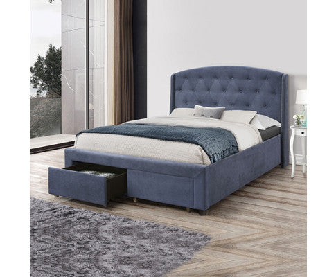 Queen Size Storage Bed Frame Upholtery Navy Blue Fabric with 2 Drawers