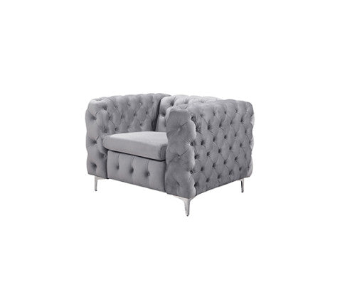 Single Seater Grey Sofa Classic Armchair Button Tufted in Velvet Fabric with Metal Legs