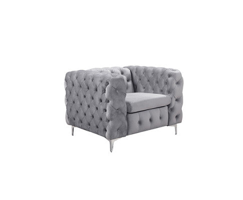 Single Seater Grey Sofa Classic Armchair Button Tufted in Velvet Fabric with Metal Legs