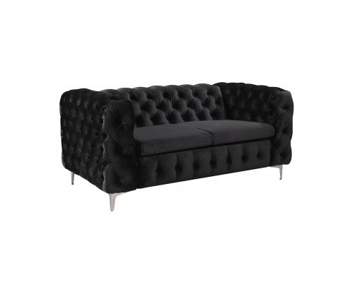 2 Seater Sofa Classic Button Tufted Lounge in Black Velvet Fabric with Metal Legs