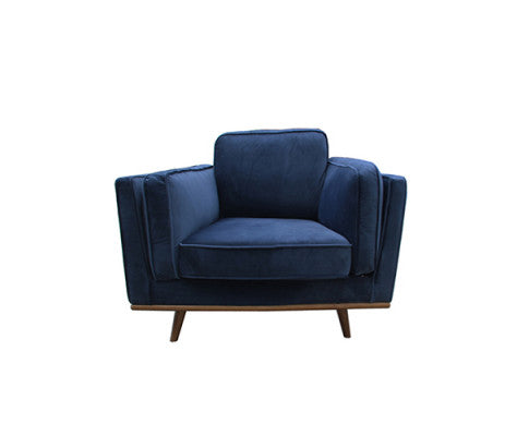 Single Seater Armchair Sofa Modern Lounge Accent Chair in Soft Blue Velvet with Wooden Frame