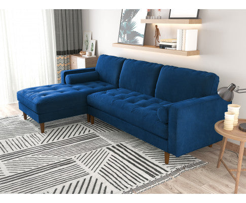 Velvet Upholstery 2 Seater Tufted Sofa Blue Color Lounge Set for Living Room Couch with Chaise