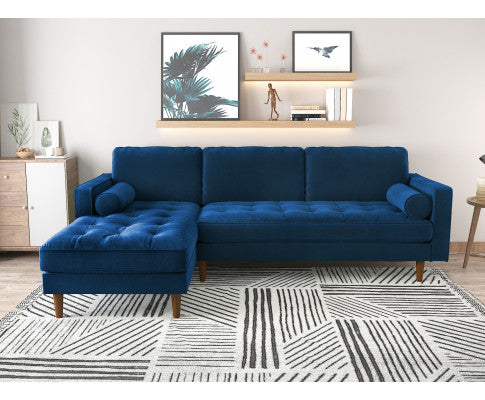 Velvet Upholstery 2 Seater Tufted Sofa Blue Color Lounge Set for Living Room Couch with Chaise