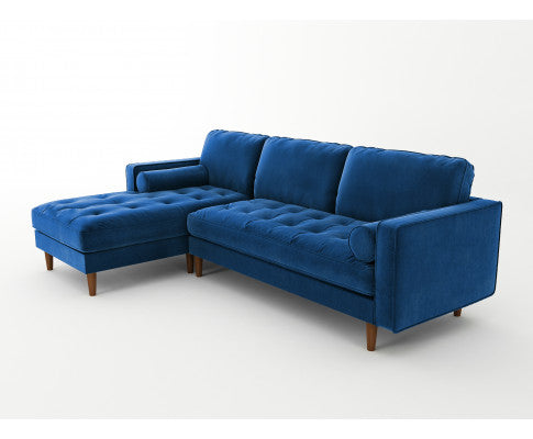 Velvet Upholstery 2 Seater Tufted Sofa Blue Color Lounge Set for Living Room Couch with Chaise