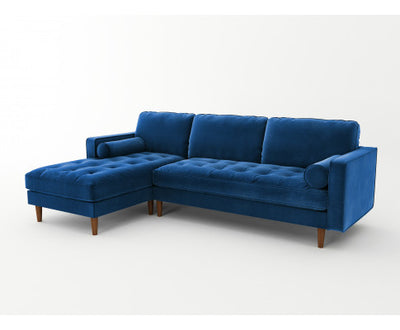 Velvet Upholstery 2 Seater Tufted Sofa Blue Color Lounge Set for Living Room Couch with Chaise