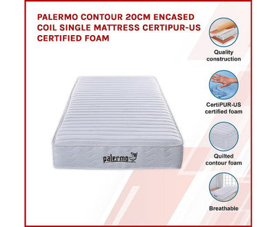 Palermo Contour 20cm Encased Coil Single Mattress CertiPUR-US Certified Foam