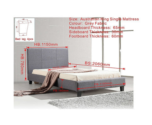 King Single Linen Fabric Bed Frame Grey