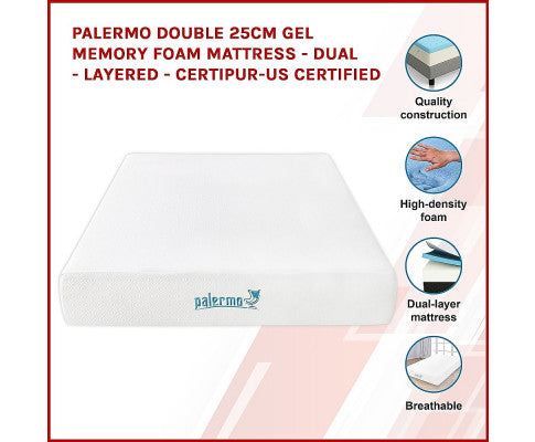 Palermo Double 25cm Gel Memory Foam Mattress - Dual-Layered - CertiPUR-US Certified