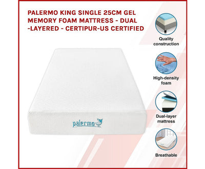 Palermo King Single 25cm Gel Memory Foam Mattress - Dual-Layered - CertiPUR-US Certified