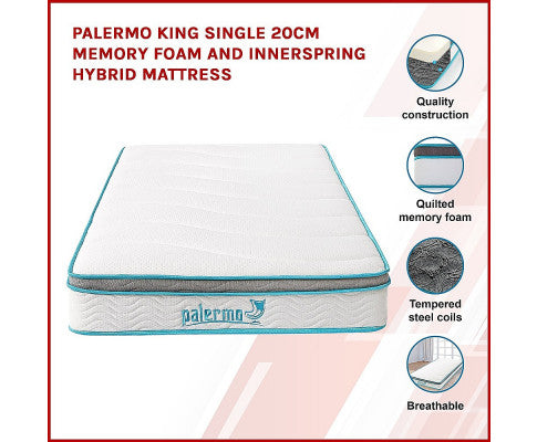 Palermo King Single 20cm Memory Foam and Innerspring Hybrid Mattress