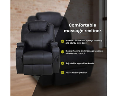 Black Massage Sofa Chair Recliner 360 Degree Swivel PU Leather Lounge 8 Point Heated