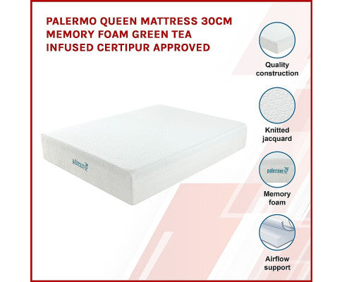 Palermo Queen Mattress 30cm Memory Foam Green Tea Infused CertiPUR Approved