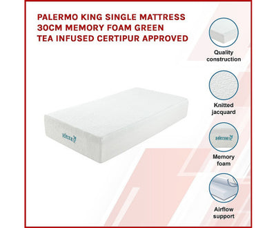 Palermo King Single Mattress 30cm Memory Foam Green Tea Infused CertiPUR Approved