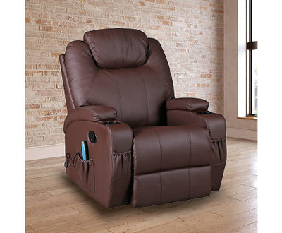 Brown Massage Sofa Chair Recliner 360 Degree Swivel PU Leather Lounge 8 Point Heated