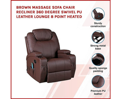 Brown Massage Sofa Chair Recliner 360 Degree Swivel PU Leather Lounge 8 Point Heated