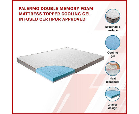 Palermo Double Memory Foam Mattress Topper Cooling Gel Infused CertiPUR Approved