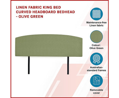 Linen Fabric King Bed Curved Headboard Bedhead - Olive Green