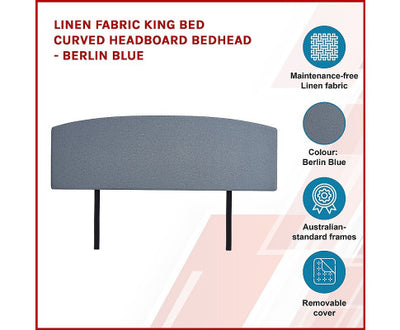 Linen Fabric King Bed Curved Headboard Bedhead - Berlin Blue