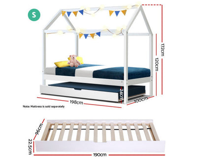 Artiss Bed Frame Wooden Trundle Daybed Kids House Frame White HOLY